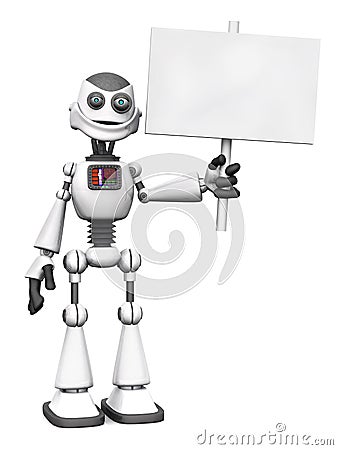 White smiling cartoon robot holding sign. Stock Photo