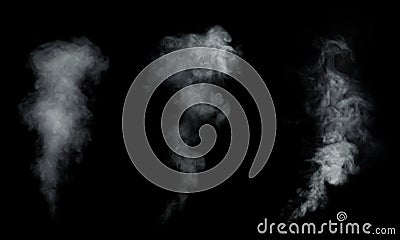 White smoke collection isolated on black background. Stock Photo