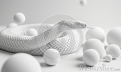 White snake surrounded by geometric spheres Stock Photo