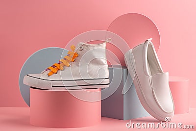 White sneaker and loafer on pink background Stock Photo