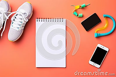 White sneakers, smartphone, earphones and notebook on orange background, Sports equipment with shoes, skipping rope, blank Stock Photo