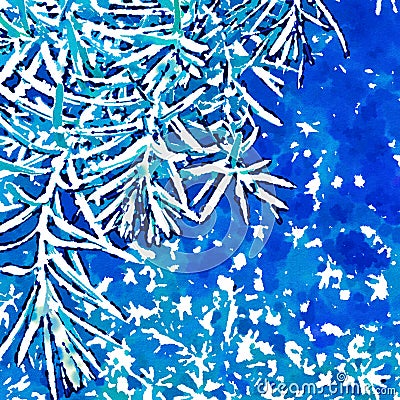 Branches in snow. Digital image. Watercolor stylization. Stock Photo