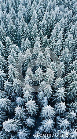 White snow covered fir forest top drone view Stock Photo