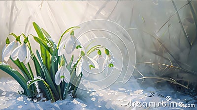 White snowdrop flowers with green leaves growing out of the snow. Illustration. Sunshine. Banner with space for your own content. Stock Photo