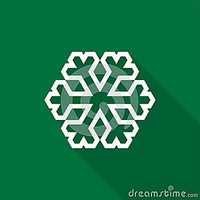 White snowflake outline icon with long shadow on green background. Vector Illustration