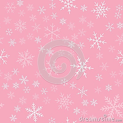 White snowflakes seamless pattern on pink. Vector Illustration