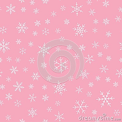 White snowflakes seamless pattern on pink. Vector Illustration