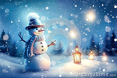 White snowman closeup on blue background, top view. Merry Christmas and Happy New Year holiday concept Stock Photo