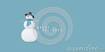 White Snowman with scarf and black hat on blue background Stock Photo