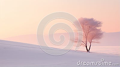 Tranquil Snowscape: A Lone Girl Walking In Pink And Amber Stock Photo