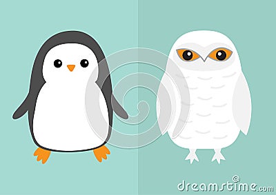 White Snowy owl Penguin bird icon set. Sitting bird with wings. Snow barn. Yellow eyes. Arctic Polar animal collection. Baby educa Vector Illustration