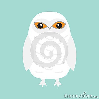 White Snowy owl. Sitting bird with wings. Snow barn. Yellow eyes. Arctic Polar animal collection. Baby education. Flat design. Iso Vector Illustration