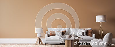 White sofa in beige interior background, minimal wooden style, panorama Stock Photo