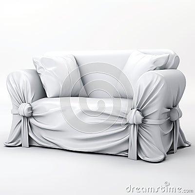 3d White Sofa Slipcover With Ties On White Background Stock Photo