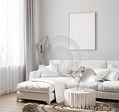 White sofa with decor and mockup frames on wall in Scandinavian style interior Stock Photo