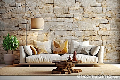 White sofa and hand crafted coffee table against stone cladding wall. Rustic home interior design of modern living room in country Stock Photo