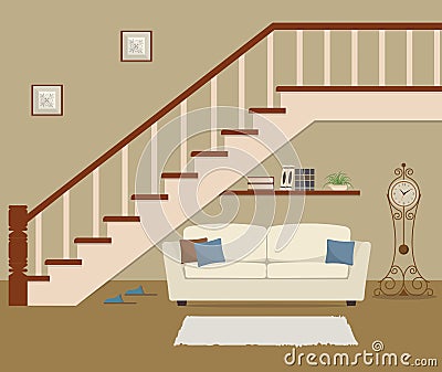 White sofa with pillows, located under the stairs Vector Illustration