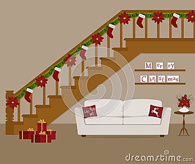 White sofa with red pillows, located under the stairs, decorated with Christmas decoration Vector Illustration