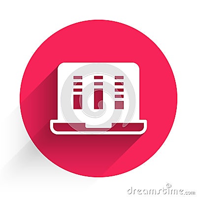 White Sound or audio recorder or editor software on laptop icon isolated with long shadow background. Red circle button Stock Photo