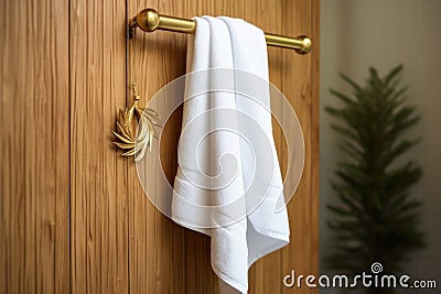 a white spa towel hanging on a brass nail in a tranquil home spa Stock Photo