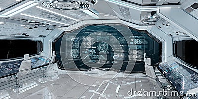 White spaceship interior with control panel digital screens 3D r Stock Photo