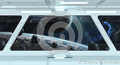 White spaceship interior with large window view 3D rendering Stock Photo