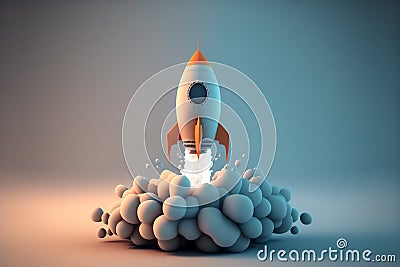 White spaceship vehicle starts to fly creating fire flames and cloud smoke. Rocket startup concept in cartoon style. Stock Photo