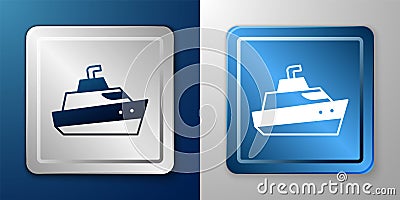 White Speedboat icon isolated on blue and grey background. Silver and blue square button. Vector Vector Illustration