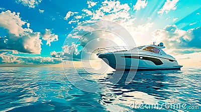 White speedboat in the sea on a background of blue sky with clouds Stock Photo