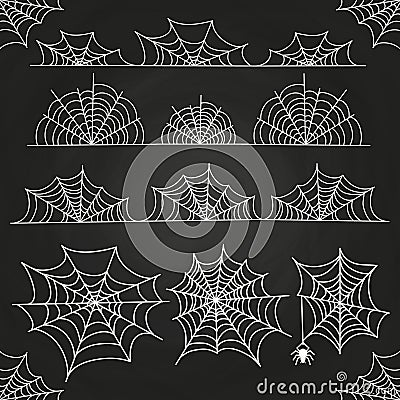 White spider web on chalkboard backdrop. Halloween borders and decor Vector Illustration