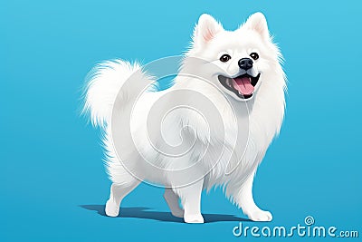 White spitz watercolor portrait painting. Illustrated dog puppy, isolated on blue background. AI Generated Stock Photo