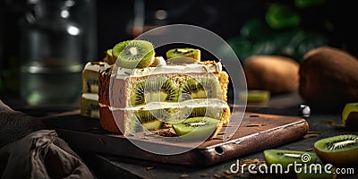 White Spongy Cake with Kiwi Fruit Slices Cartoon Illustration