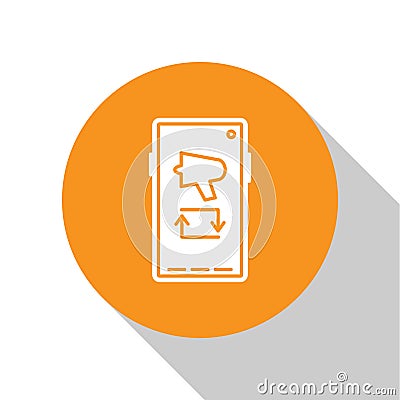White Spread the word, megaphone on mobile phone icon isolated on white background. Orange circle button. Vector Vector Illustration