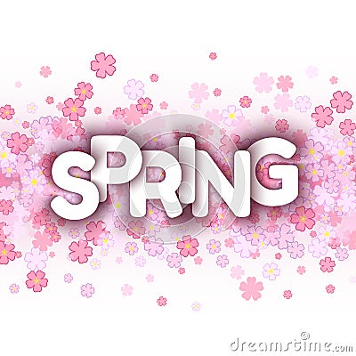 White spring sign over pink flowers background Vector Illustration