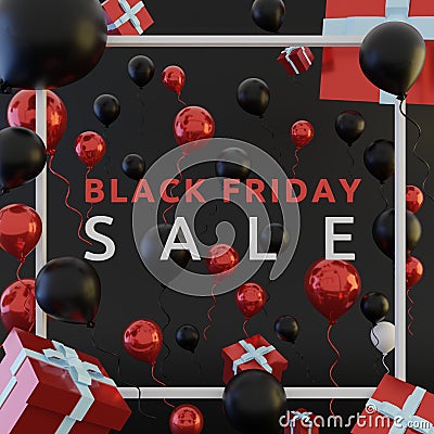 Black Friday Sale Poster with Shiny Balloons on Black Background Cartoon Illustration