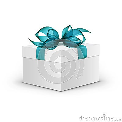 White Square Gift Box with Light Blue Ribbon Vector Illustration