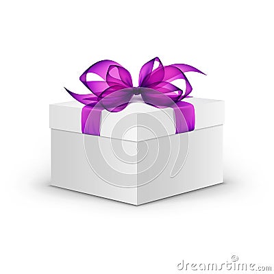 White Square Gift Box with Purple Ribbon and Bow Vector Illustration