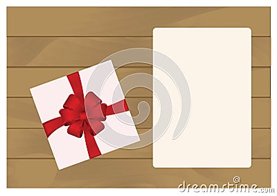 White Square Gift Box with Red Bow on Wooden Plank Background with White sheet of paper. Vector Illustration