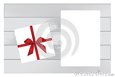 White Square Gift Box with Red Bow on Wooden Plank Background with White sheet of paper. Vector Illustration