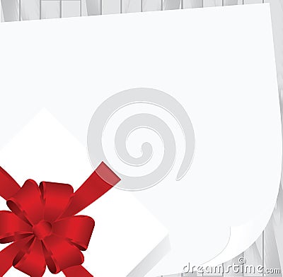 White Square Gift Box with Red Bow on Wooden Plank Background with White sheet of paper. Vector Illustration