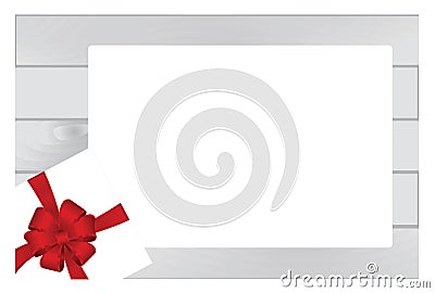 White Square Gift Box with Red Bow on Wooden Plank Background with White sheet of paper. Vector Illustration