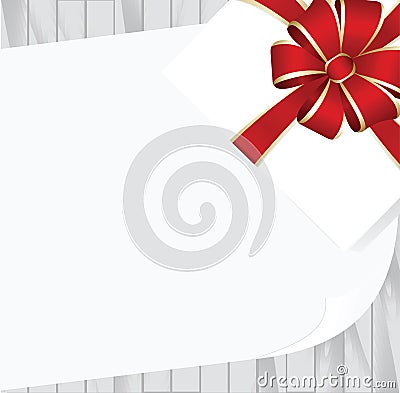 White Square Gift Box with Red Bow on Wooden Plank Background with White sheet of paper. Vector Illustration