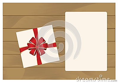 White Square Gift Box with Red Bow on Wooden Plank Background with White sheet of paper. Vector Illustration