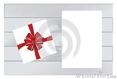 White Square Gift Box with Red Bow on Wooden Plank Background with White sheet of paper. Vector Illustration