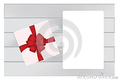 White Square Gift Box with Red Bow on Wooden Plank Background with White sheet of paper. Vector Illustration