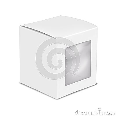 White square paper box with clear plastic window mockup. Empty cube paperboard container with tuck-in flap mock-up Vector Illustration