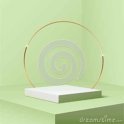 White square podium with golden ring standing on green pastel background. 3d pedestal for product vector illustration Vector Illustration