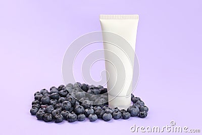 White squeeze bottle cosmetic cream tube and blueberry a lot on purple background. Front view. Unbranded lotion, balsam, hand Stock Photo