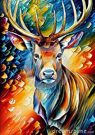 White Stag, dear colorful oil knife painting Stock Photo