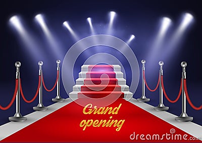 White stairs covered with red carpet and illuminated by spotlight realistic vector illustration Vector Illustration